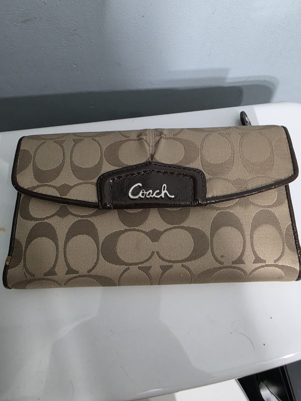 Coach Monogram Canvas Wallet in Khaki and Dark Brown